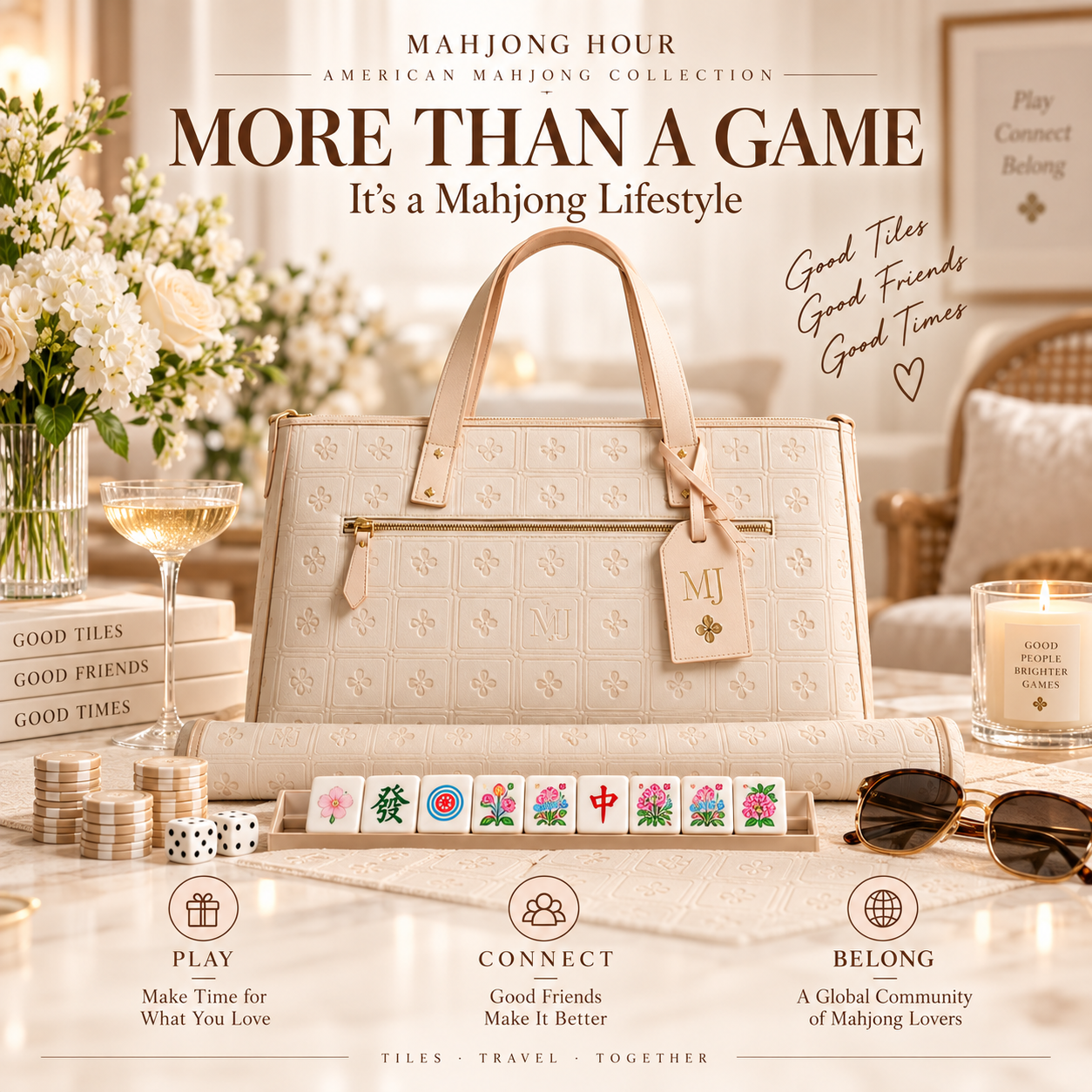 Ivory American Mahjong Set with Carrying Bag – 166 Tiles, 4 Racks & Complete Accessories