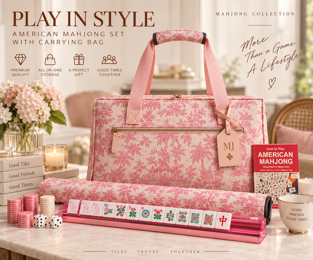 Pink Toile American Mahjong Set with Carrying Bag – 166 Tiles, 4 Racks & Complete Accessories