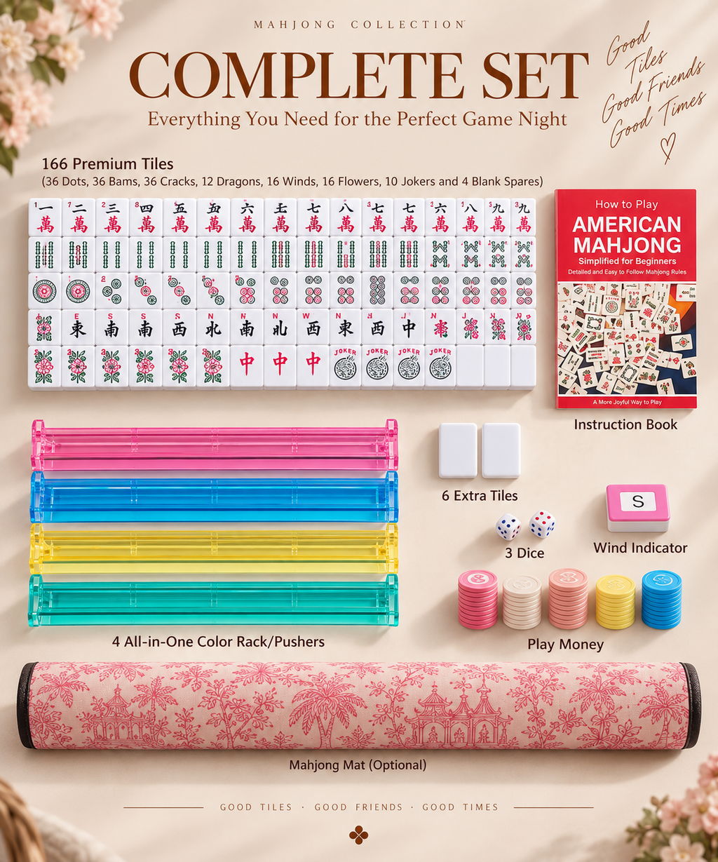 Pink Toile American Mahjong Set with Carrying Bag – 166 Tiles, 4 Racks & Complete Accessories