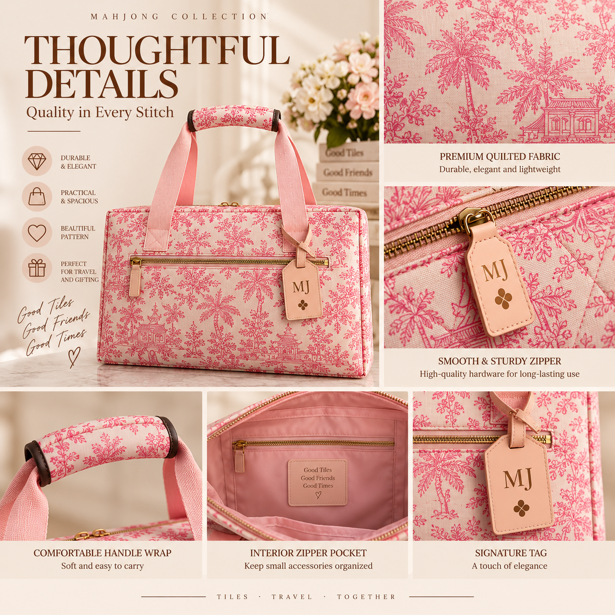 Pink Toile American Mahjong Set with Carrying Bag – 166 Tiles, 4 Racks & Complete Accessories