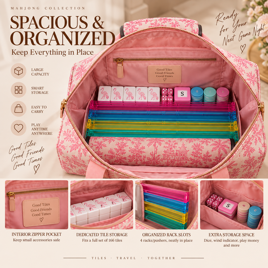 Pink Toile American Mahjong Set with Carrying Bag – 166 Tiles, 4 Racks & Complete Accessories