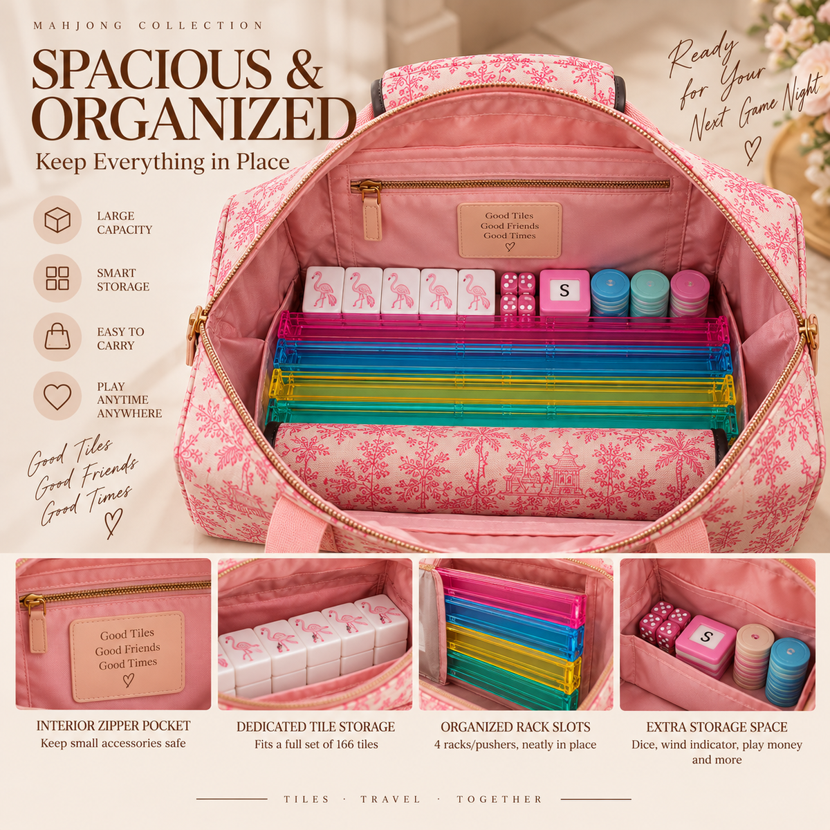 Pink Toile American Mahjong Set with Carrying Bag – 166 Tiles, 4 Racks & Complete Accessories