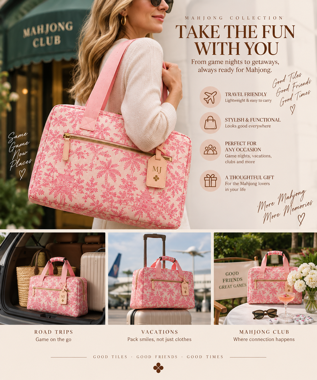 Pink Toile American Mahjong Set with Carrying Bag – 166 Tiles, 4 Racks & Complete Accessories