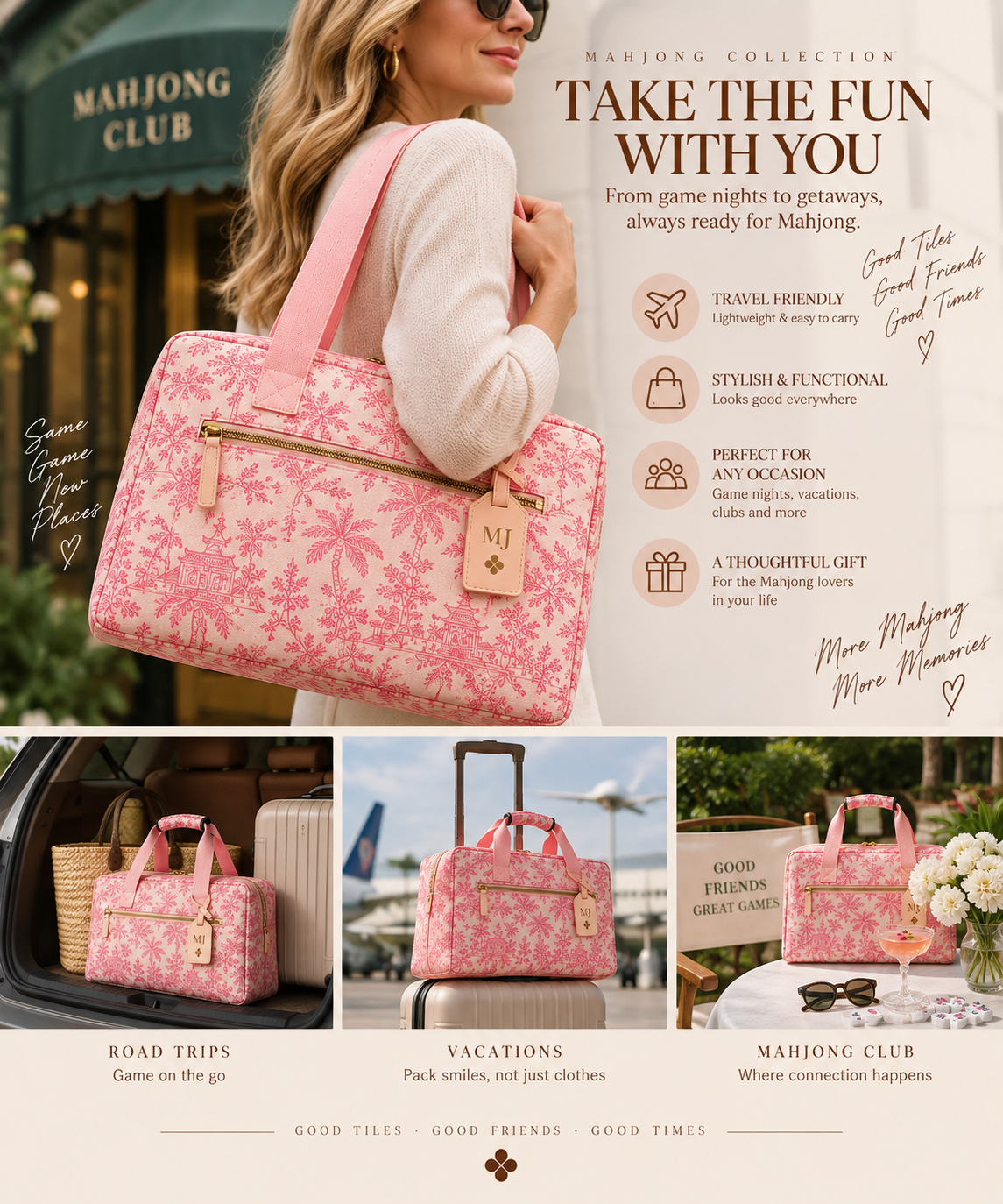 Pink Toile American Mahjong Set with Carrying Bag – 166 Tiles, 4 Racks & Complete Accessories