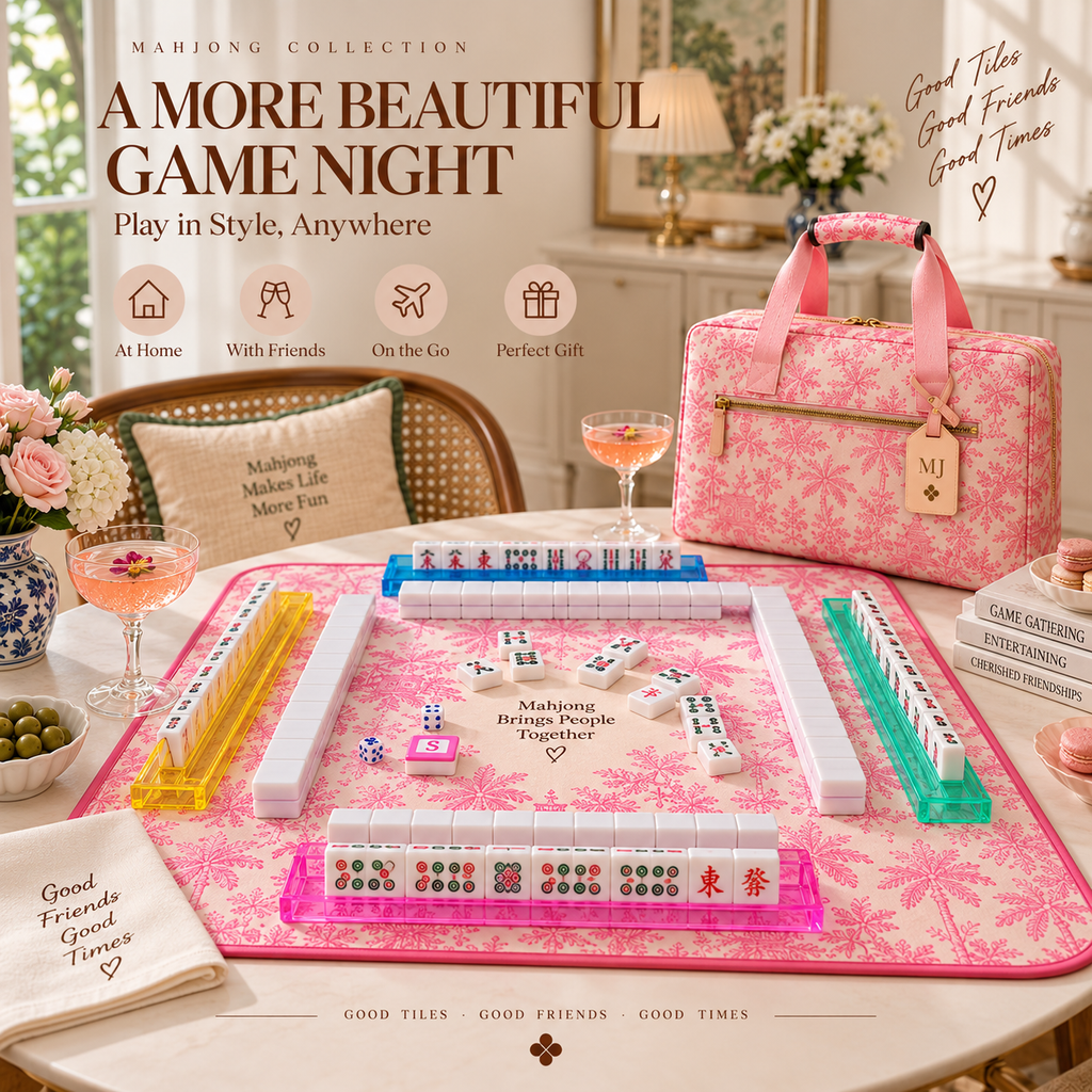 Pink Toile American Mahjong Set with Carrying Bag – 166 Tiles, 4 Racks & Complete Accessories